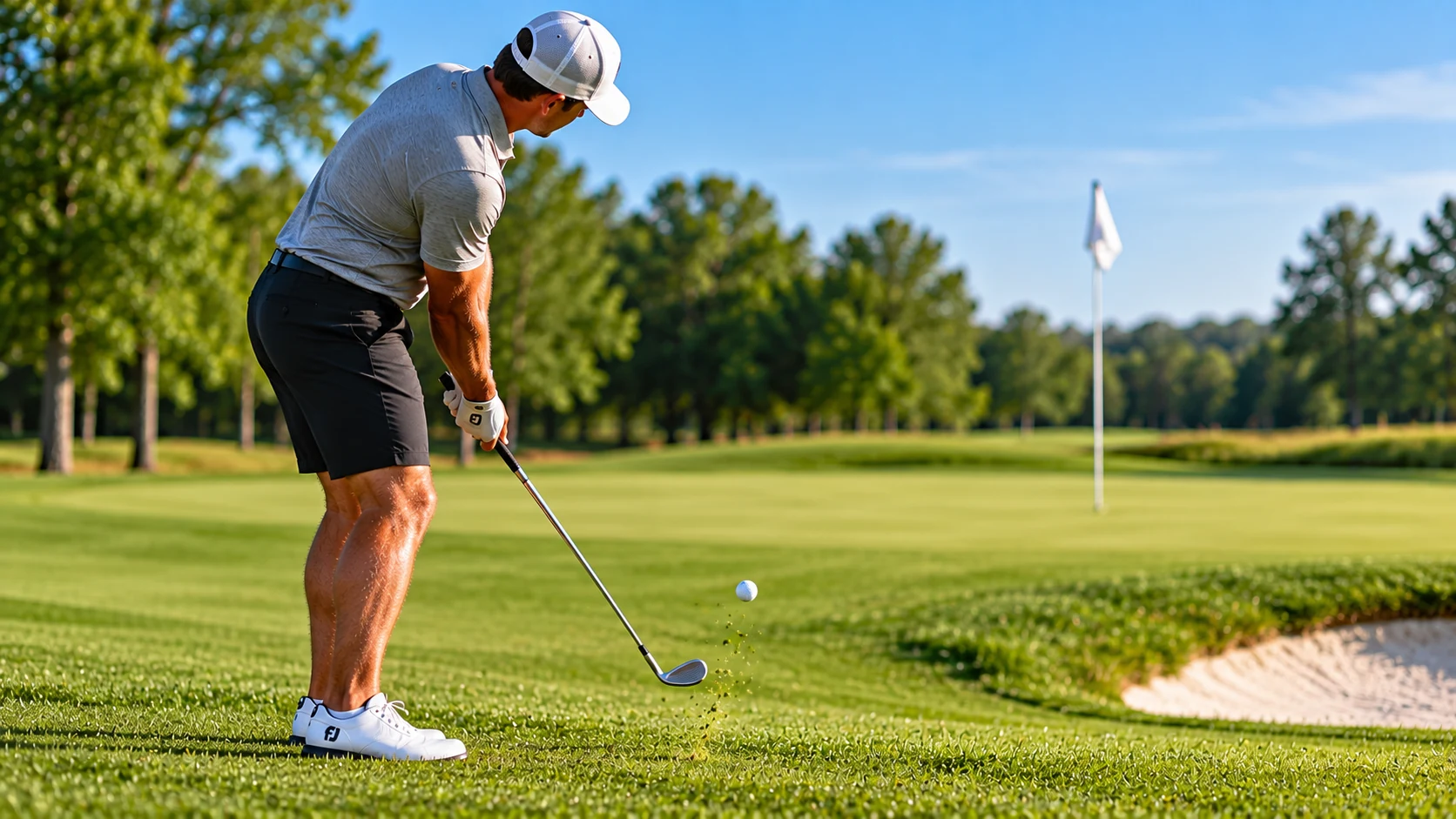 Beginner golfer practicing a simple chip shot near the green