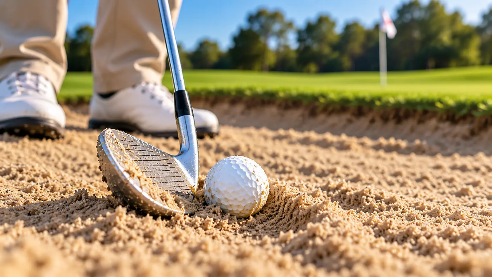 Golfer preparing to play a difficult greenside bunker shot from the sand