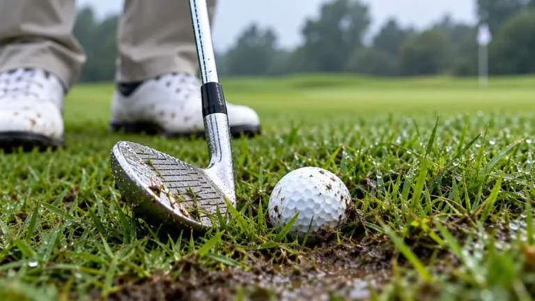Golf ball sitting in wet muddy grass beside a wedge before a chip shot