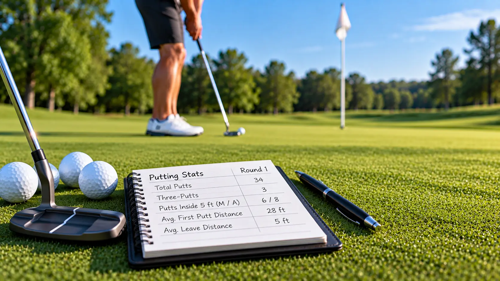 Golfer reviewing putting statistics and tracking three-putts and leave distance