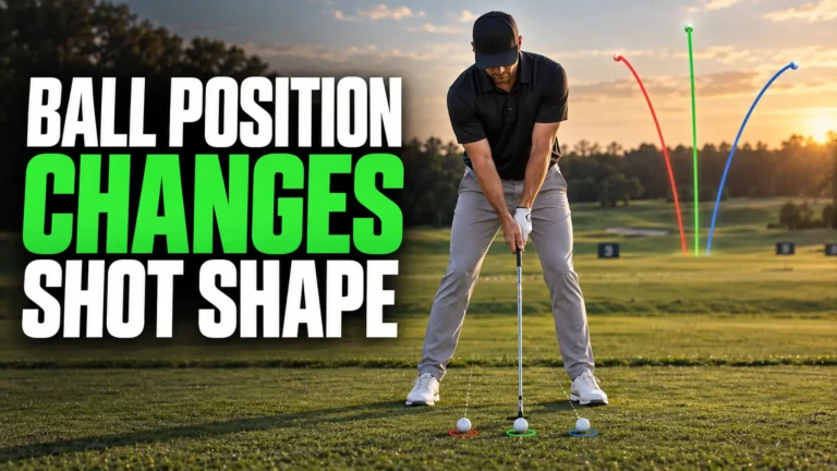 Golfer demonstrating three ball positions that produce different golf shot shapes.