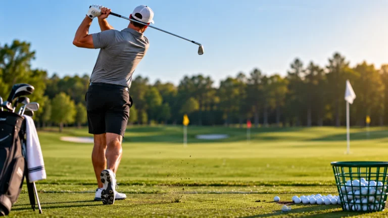 Golfer practicing on the driving range while working on a plan to break 90