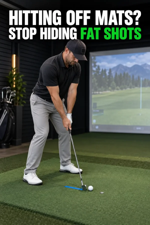 Indoor golfer using tape and a forward ball marker to practice ball-first iron contact from a mat.