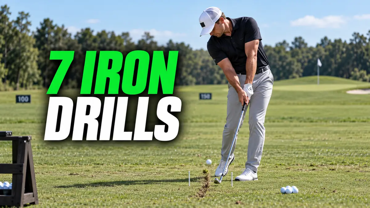 Golfer practicing a 7-iron shot through a tee gate with a divot after the ball