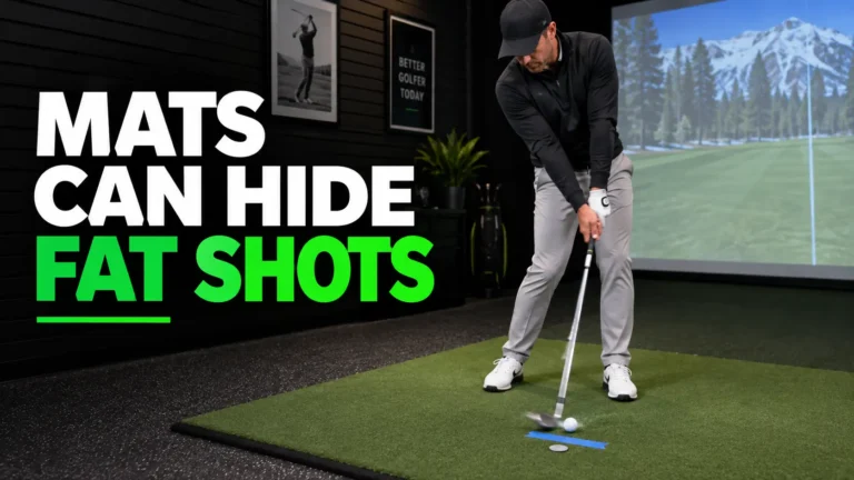 Golfer using painter’s tape behind an iron shot on an indoor mat to reveal fat contact.