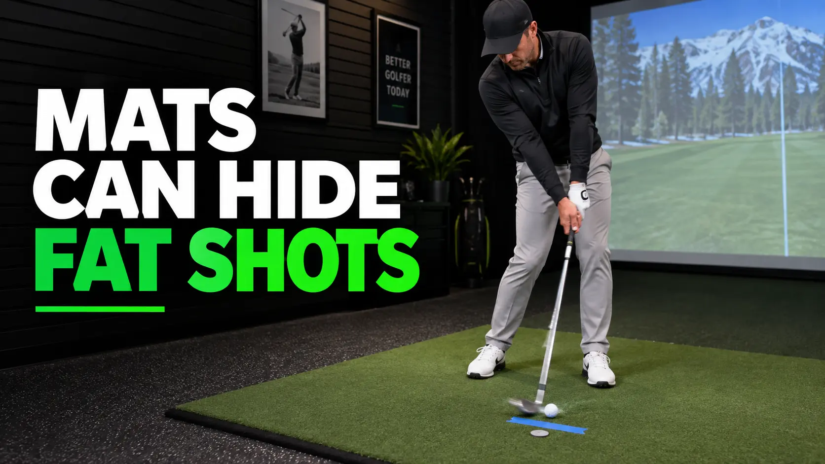 Golfer using painter’s tape behind an iron shot on an indoor mat to reveal fat contact.