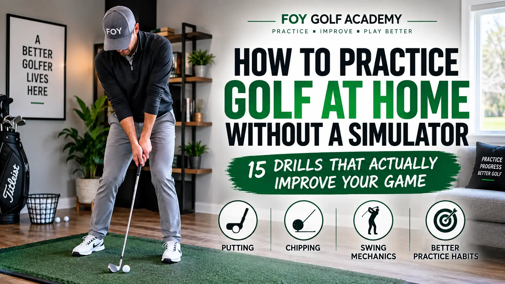 guy practicing golf at home indoors