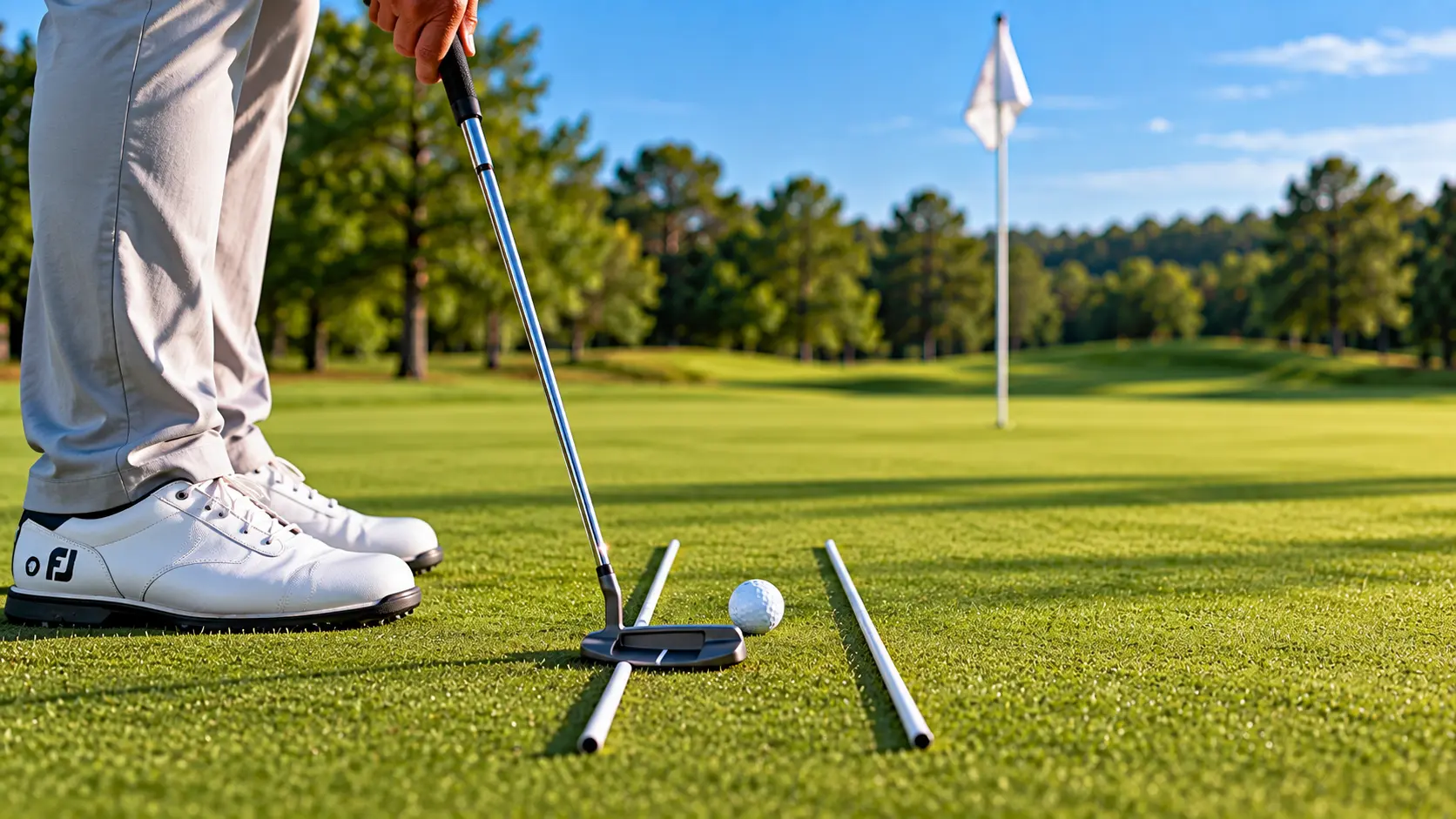 Golfer practicing putting alignment and speed control on a practice green