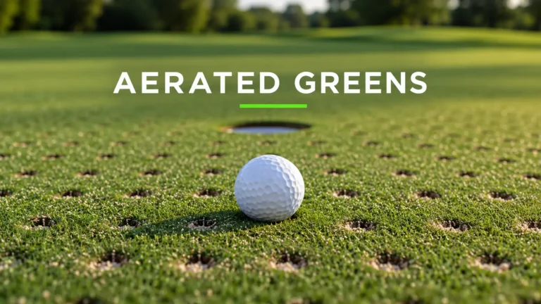 Golf ball on an aerated putting green with sand-filled holes and a cup in the background.