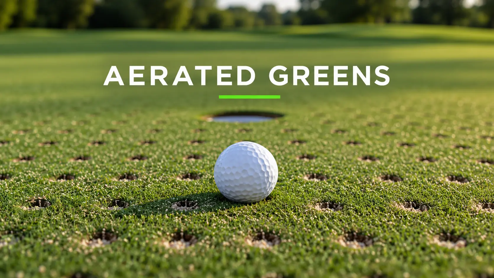 Golf ball on an aerated putting green with sand-filled holes and a cup in the background.