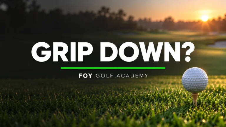 Golf ball on a tee overlooking a fairway beneath Grip Down text and Foy Golf Academy branding.