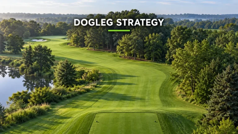 Elevated view of a tree-lined golf fairway bending left toward the green.