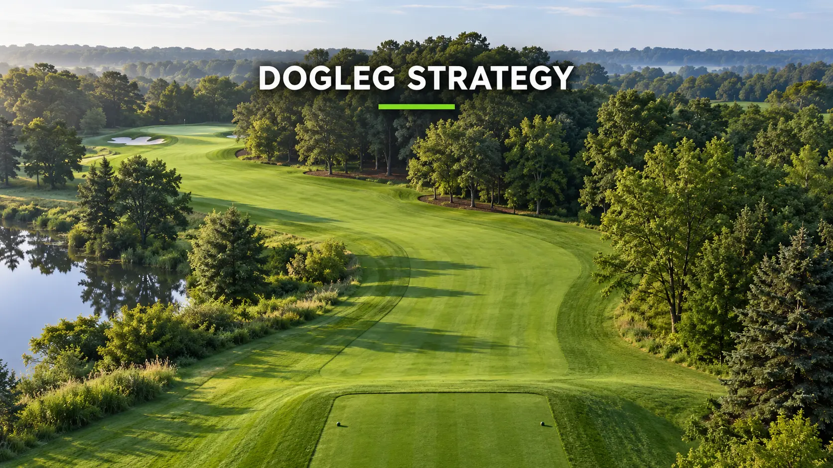 Elevated view of a tree-lined golf fairway bending left toward the green.