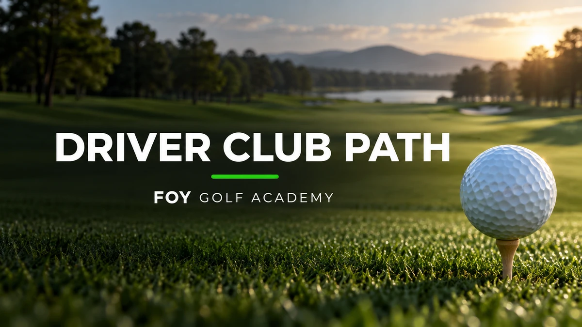 Golf ball on a tee overlooking a fairway with Driver Club Path text and Foy Golf Academy branding.