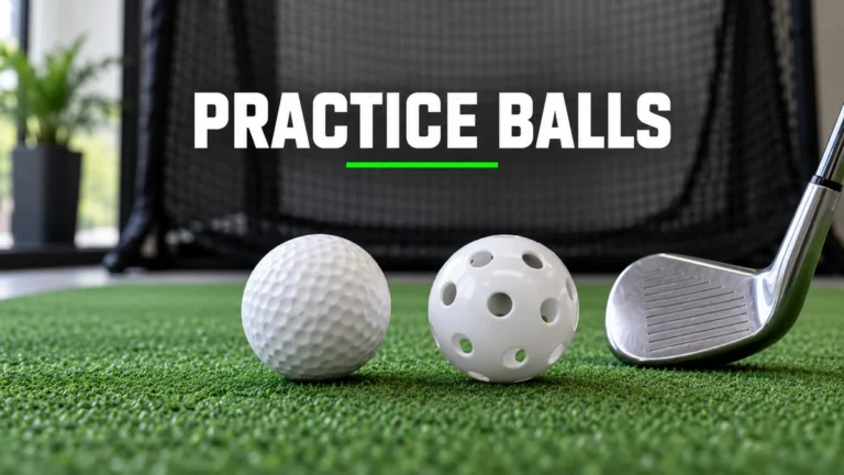 Foam and perforated plastic practice golf balls on an indoor hitting mat with Practice Balls above.
