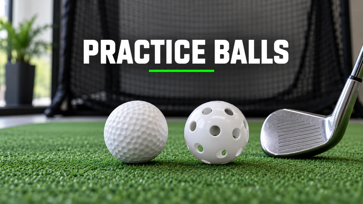 Foam and perforated plastic practice golf balls on an indoor hitting mat with Practice Balls above.