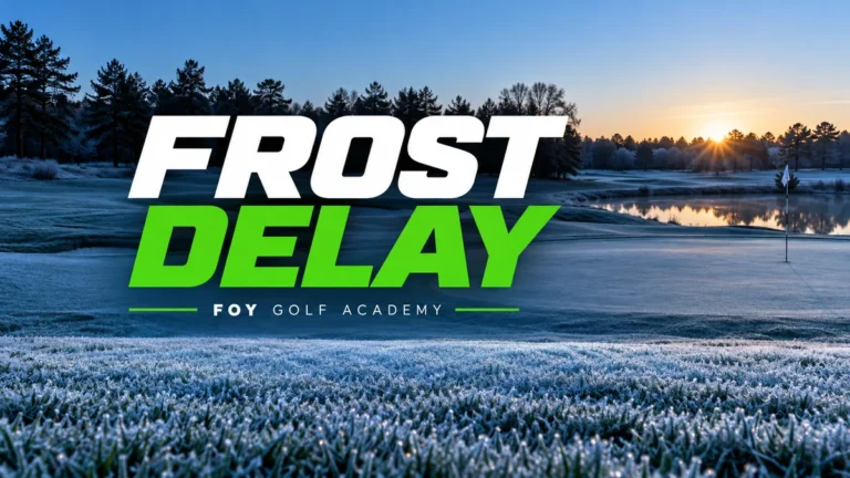 Frost-covered golf green at sunrise with Frost Delay Foy Golf Academy branding.