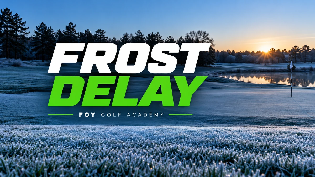Frost-covered golf green at sunrise with Frost Delay Foy Golf Academy branding.