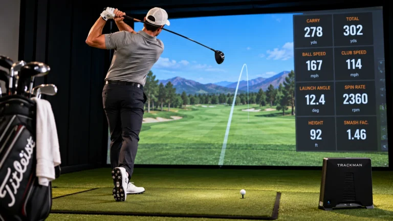Golfer practicing indoors on a golf simulator with launch monitor data