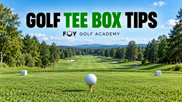 Golf ball on a tee behind white tee markers overlooking a fairway, with “Golf Tee Box Tips” text and Foy Golf Academy branding.