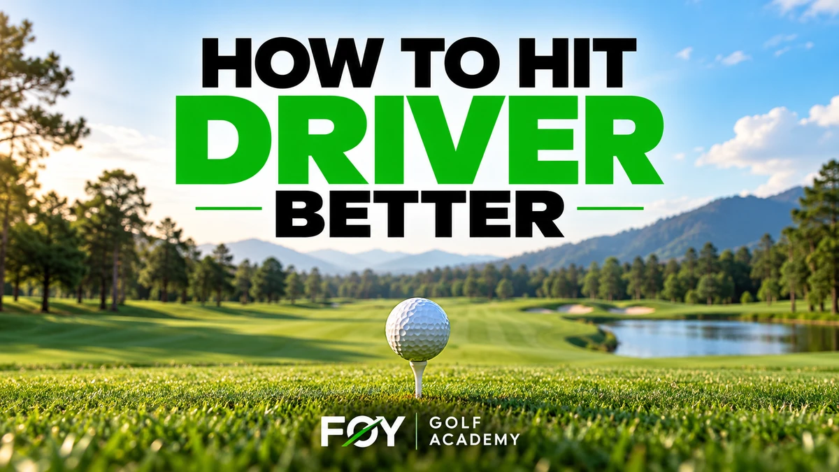 Golf ball on a tee overlooking a fairway, with “How to Hit Driver Better” text and Foy Golf Academy branding.