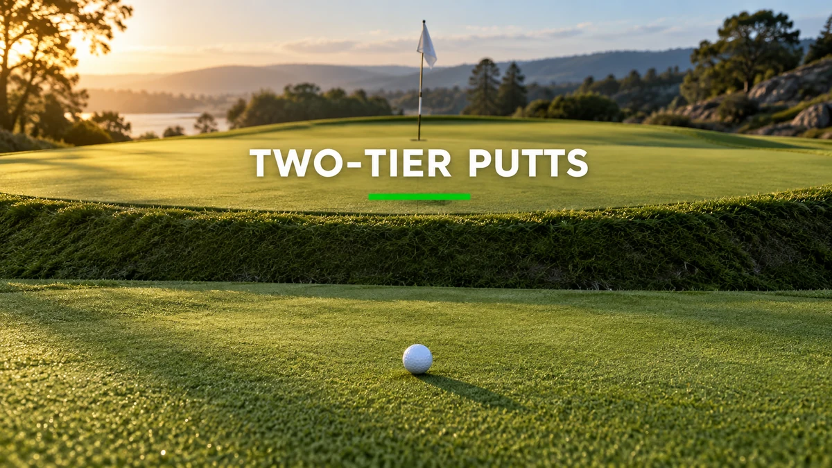 Golf ball on the lower level of a two-tier green with the cup and flag on the upper tier.