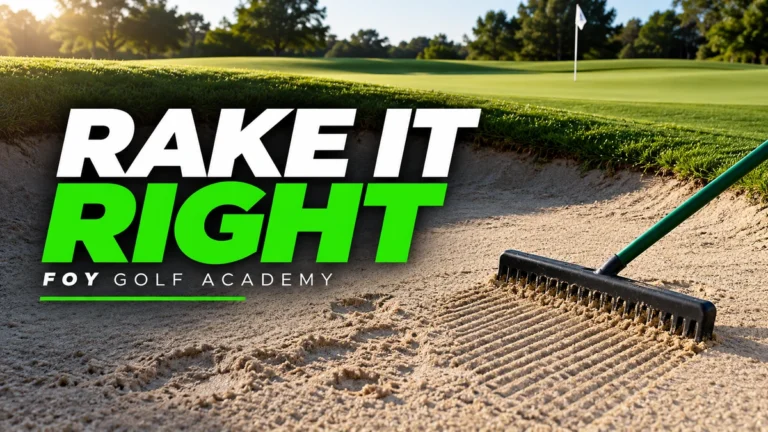 Bunker rake smoothing footprints in the sand with Rake It Right Foy Golf Academy branding.