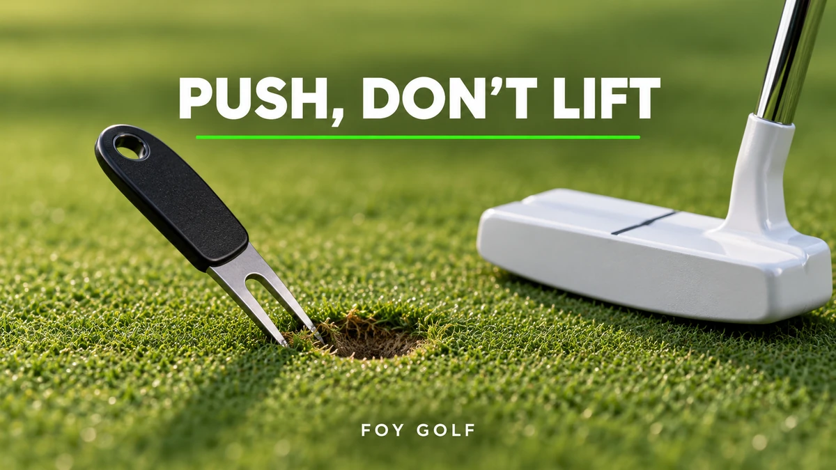 Ball-mark repair tool positioned beside an indentation on a putting green with “Push, Don’t Lift” and Foy Golf branding.