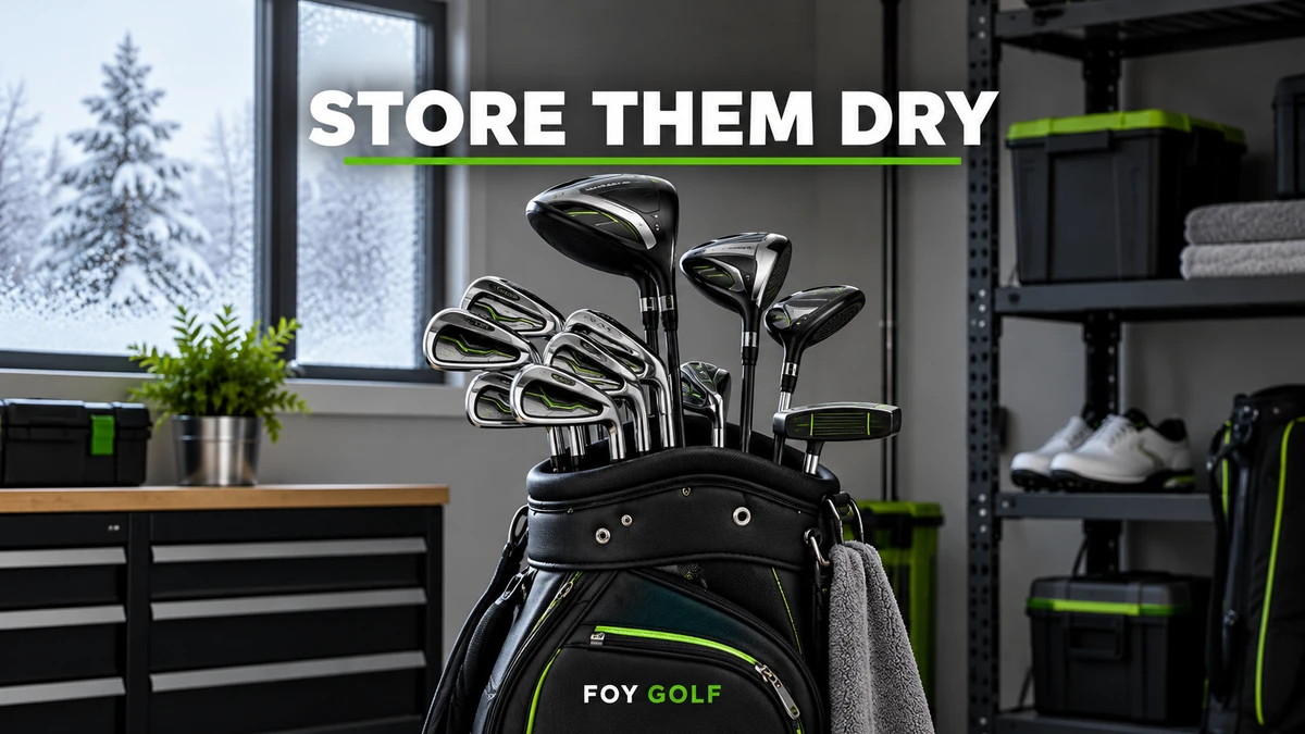 Clean golf clubs stored indoors in a dry golf bag during winter with “Store Them Dry” and Foy Golf branding.
