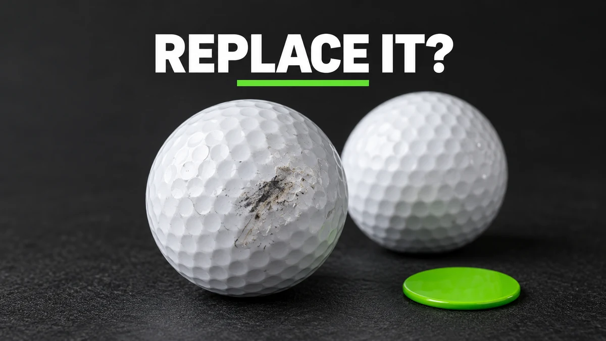 Scuffed golf ball beside a clean golf ball with Replace It? above.